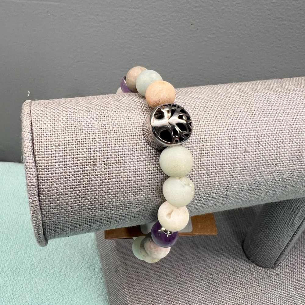 Silver Tree Amazonite stone Charm Beaded Bracelet